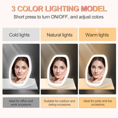 Travel Makeup Mirror with Light: 3 Color Lighting Portable Mirror with Touch Screen Rechargeable Adjustable LED Lights Hexagon Vanity Mirror for Travel, Desk, Home (White) - Image 2