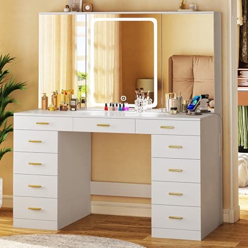 ALEXNUTRE Makeup Vanity Desk with Lights, 47.2" Vanities Desk with 11 Storage Drawers and Hidden Storage Shelves, White Vanity with 3 LED Lighting Modes Adjustable & Charging Stations, for Bedroom - Image 1