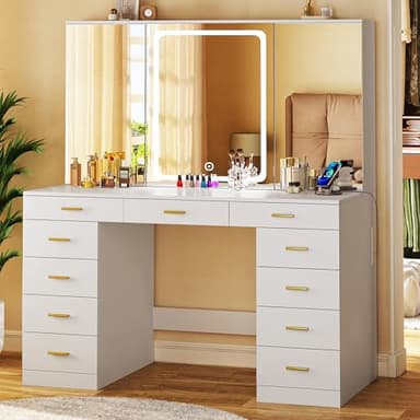 ALEXNUTRE Makeup Vanity Desk with Lights, 47.2" Vanities Desk with 11 Storage Drawers and Hidden Storage Shelves, White Vanity with 3 LED Lighting Modes Adjustable & Charging Stations, for Bedroom - Image 1