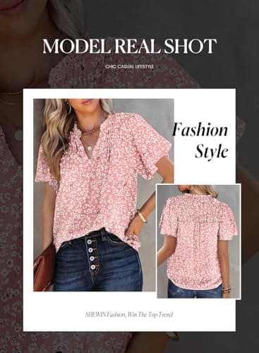 SHEWIN Womens Blouses 2025 Casual Short Sleeve Shirts V Neck Blouse Flowy Cute Summer Tops for Women Pink Medium - Image 2
