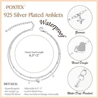 Heart Ankle Bracelets for Women Waterproof, Sliver Plated Zircon Gemstone Charm Layered Anklets for Womens, Silver Boho Jewelry Gifts for Mom, Women Summer Beach Vacation Fashion Jewelry - Image 3
