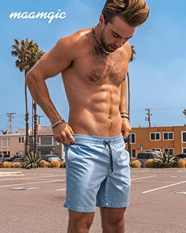maamgic Mens Swim Trunks Quick Dry Swim Shorts with Mesh Lining Funny Swimwear Bathing Suits 7inch Solid Lake Blue Large - Image 7
