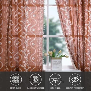 Terracotta Boho Linen Curtains with Tassels 84 Inch Length for Living Room, Floral Semi Sheer Curtains 2 Panels, Vintage Rustic Farmhouse Light Filtering Drapes, Burnt Orange - Image 5