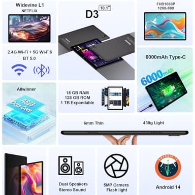 DMOAO 2025 Tablet Android 14 Tablets with 128GB ROM+18GB RAM, 1TB Expand, Powerful Octa-Core, WiFi 6, BT5.0, 6000mAh, Widevine L1, Black - Image 2