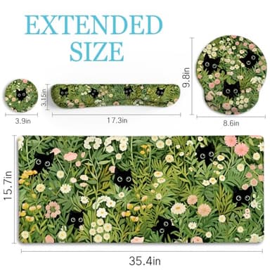 LIMKRIAN Cat Ergonomic Mouse Pad with Wrist Rest Desk Mat Set, Green Gaming Mouse Pad Wrist Support, Keyboard Mat Wrist Rest Cup Coaster Funny Office Decor - Image 3