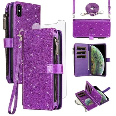 Asuwish Phone Case for iPhone Xs Max Wallet Cell Cover with Tempered Glass Screen Protector Strap Glitter Zipper Flip Credit Card Holder i X XR Xsmax 10x SX Xmax 10xs 10s 10 Plus Xmaxs Women Purple - Image 1