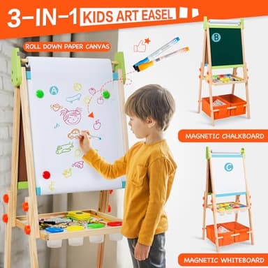 Kids Easel Including 100+ Accessories, Rundad Double Sided Wooden Easel for Kids Age 3-8 with Magnetic Chalkboard & Painting Board, Free Height Adjustable Art Easel Supplies for Toddlers - Image 2