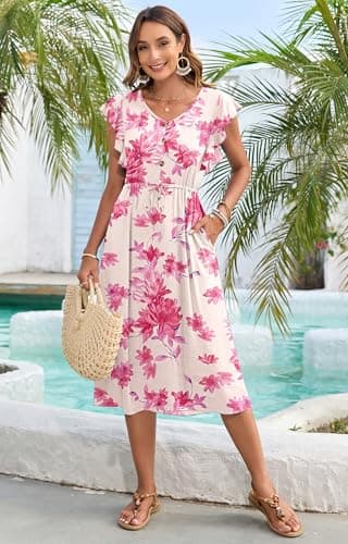 MOLERANI Floral Dress Spring Summer Dress for Women Casual Flutter Short Sleeve V Neck Dress with Pockets,Pink Flower,M - Image 3