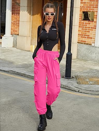 DLOODA Quick Dry Cargo Pants Lightweight Tactical Hiking Pants with 6 Pockets for Women, Elastic Waist and Water-Resistant Hot Pink - Image 4