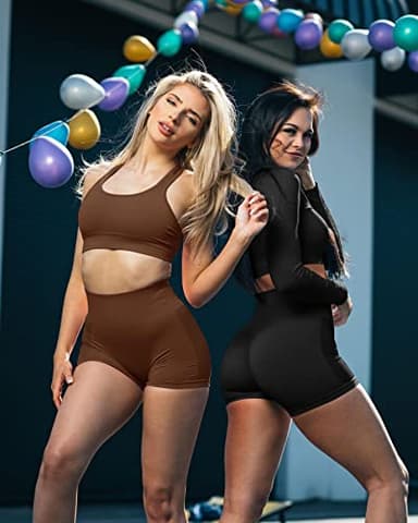 VVX 3 Piece Workout Shorts Womens Seamless High Waist Butt Lifting Scrunch Yoga Gym Shorts - Black/Brown/Wine L - Image 5