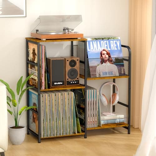 ThreeHio Record Player Stand, Turntable Stand with Vinyl Storage Holds up to 300+ Albums, Storage Cabinet for Vinyl Records, Record Player Table for Living Room - Image 1