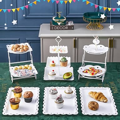 10 Pcs Cake Stand White Plastic Dessert Table Display Set 4 Pcs 3 Tired Cupcake Stand Cookie Tray Rack Serving Tray Cake Display Tower and 6 Pcs Dessert Trays for Wedding Baby Shower Tea Party (White) - Image 2