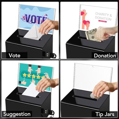 VOISEN Acrylic Donation Box with Lock, Black Tip Jar with Sign Holder, Suggestion Box for Fundraising, Donation, Bar, School Voting, 6.2x4.6x3.9 Inch - Image 5