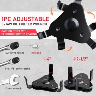 KOOPOOL Oil Filter Wrench Set, 8 Piece Adjustable Oil Filter Pliers 2-3/4" to 5-1/4", 9" & 12" Universal Oil Filter Removal Tool with 1/2" to 3/8" Adapter, Organized in Storage Case (8-Piece Set) - Image 6