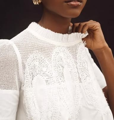 VAOYIU Women Lace-Detail Flared Blouse Short-Sleeve Crew Neck Lace Poplin Mesh Swing Top Casual and Elegant Loose with Intricate Back Design(White-M) - Image 4