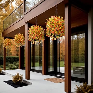 Artificial Fake Hanging Flowers Plants with Basket Spring Outdoor Decor,Faux Silk Colorful Daisy in Planter Boxwood No Fade Plastic Shrubs Farmhouse Home Garden Porch Decoration (Yellow Orange) - Image 2