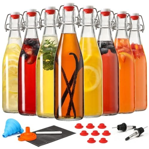 8 Set 16 OZ Swing Top Glass Bottles - Flip Top Beer Brewing Bottles with Stopper for Fermentation, Kombucha, Mead Kefir, Vanilla Extract, Juice, Tea, Wine, Soda - Airtight Cap Lids, Bonus 2 Pourers - Image 1