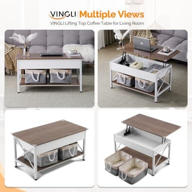 VINGLI 36" Lift Top Coffee Table with Free Cloth Storage Bins, White Walnut Framhouse Coffee Tables for Living Room, Small Modern Coffee Table for Small Space in Minimalistic Style, Dark Walnut - Image 5