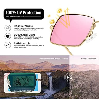 MEETSUN Rectangle Polarized Sunglasses for Women Men Retro Classic Square Sun Glasses UV400 Protection Vintage Metal Frame Gold/Pink Mirror Lens - Image 6