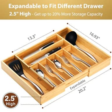 Umilife Large Expandable Kitchen Silverware Utensils Drawer Organizer, 2.5" Extra High Adjustable Drawer Divider with Curved Grooves, Bamboo Wood Cutlery Tray Flatware Holder - Image 2