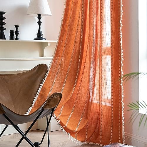 Sutuo Home Orange Boho Curtains for Bedroom Living Room,Terracotta Semi Blackout Linen Farmhouse Shabby Chic Tassels Window Treatment Bohemian Embroidery Drape, Rod Pocket 1 Panel 52" W x 96" L - Image 1
