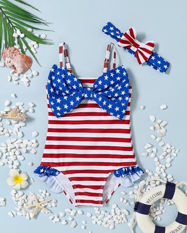 Mioglrie Baby Girl Swimsuit Toddler 4th of July Swimsuit 2T-3T Bathing Suit Star Ruffle Stripe Summer Beach One Piece Swimwear for Infant Girls Swim Suit - Image 2