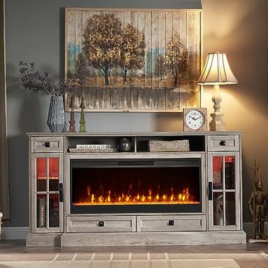 OKD Fireplace TV Stand for 80 Inch TV, Farmhouse Entertainment Center with 42" Fireplace & LED Lights, Modern Media Console Table with Storage Drawers & Cabinets for Living Room, Light Rustic Oak - Image 2