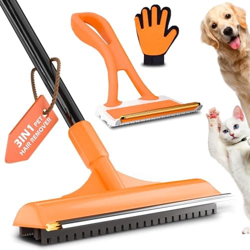 leishiyen Carpet Rake for Pet Hair Removal - 3 in 1 Pet Hair Remover Tool with 58" Adjustable Long Handle,Reusable Dog & Cat Carpet Scraper,Pet Hair Remover for Rugs,Mats,Couch,Curtains(Orange)
