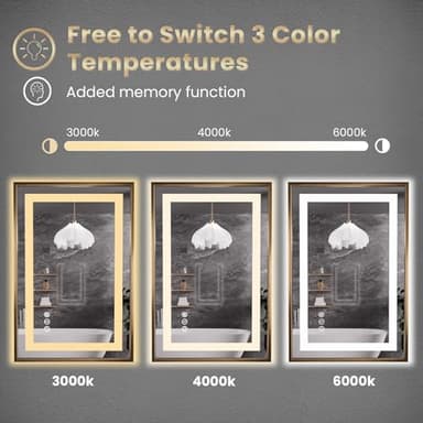 Amorho 60"x 36" Gold LED Bathroom Mirror, Metal Framed Mirror with Front Light and Backlit, Stepless Dimmable, Anti-Fog, Shatter-Proof, Memory, 3 Colors - Image 4