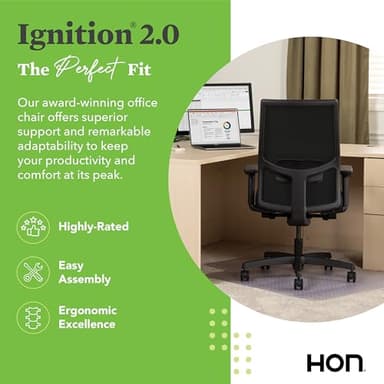 HON Ignition 2.0 Mid Back Task Chair, Advanced Synchro-Tilt Control, Office Chair with Lumbar Support, Height and Width Adjustable Arms, Black Frame, Black - Image 3