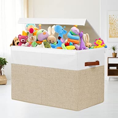 Large Toy Storage Box with Lid, Sturdy Toys Storage Chest Bin Organizer Basket with Dividers for Kids, Boys, Girls, Nursery, Closet, Bedroom, Playroom 25"x13" x16" (Beige and White) - Image 2