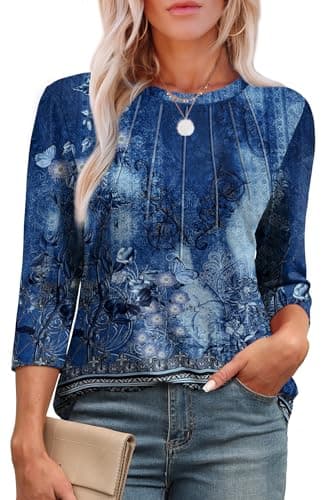 XIEERDUO 3/4 Length Sleeve Womens Tops 2025 Trendy Pleated Tunic Tops for Women Loose Fit Dressy Blue Printed L - Image 1