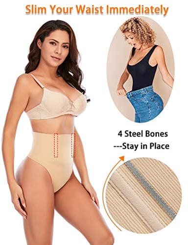 Werena Tummy Control Thong Shapewear for Women Seamless Shaping Thong Panties Body Shaper Underwear(01# Beige-mid Waisted(has Boning),Small) - Image 3