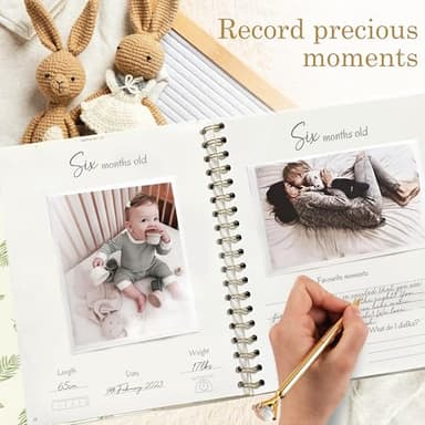Eviepops Prints Baby Memory Book, Luxury Keepsake Gift for Mom to be, Milestone Record & Photo Album Birth to Age 5, Gender Neutral for Boy or Girl, Linen Fabric Safari Journal Scrapbook, Baby Shower - Image 4