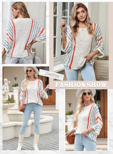 Dokotoo Womens Sweaters Casual Fall Winter 2025 Crewneck Color Block Striped 3/4 Sleeve Loose Lightweight Crochet Knit Trendy Pullover Sweaters for Women Tops Shirts White Medium - Image 5