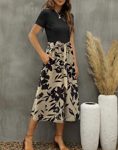 Zattcas Women 2025 Summer Dress Short Sleeve Ribbed Teacher Church Modest Business Casual Work Outfits Midi Dress with Pockets Blacktaupe XS - Image 2