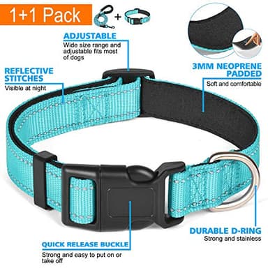 Ladoogo Reflective Dog Collar Padded with Soft Neoprene Breathable Adjustable Nylon Dog Collars for Small Medium Large Dogs (Medium (Pack of 1), Blue Collar+Leash) - Image 3