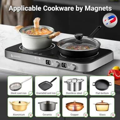 AMZCHEF Double Induction Cooktop with Removable Griddle Pan Non-stick, 1800W 2 burner Portable Induction Stove With Sensor Touch 9 Power Levels, 99 Min Timer, Iron Grey - Image 3