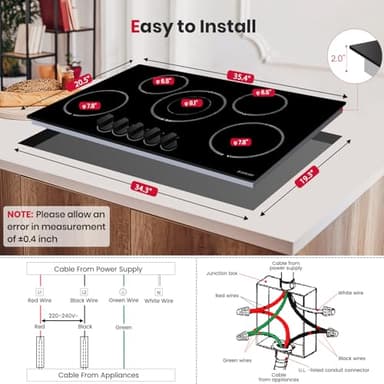 GASLAND Electric Cooktop 36 Inch, 8200W Drop-in Radiant Glass Stove Top CH90BS with 5 Burners, 220-240V Ceramic Electric Stovetop, 7 Power Levels, Mechanical Knob Control, Hot Warning, Hard Wire - Image 4