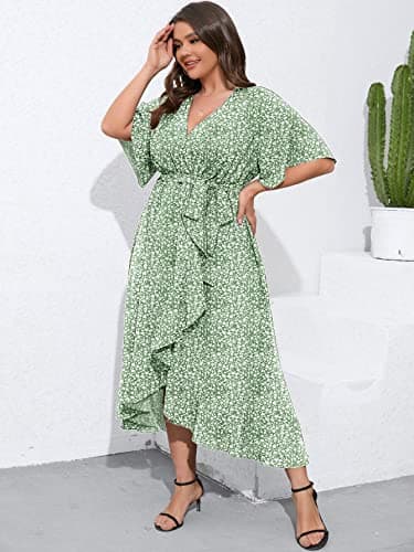SCOMCHIC Women's Plus Size Long Dresses Short Sleeve High Low Split Flowy Beach Maxi Dress Green 3XL - Image 8
