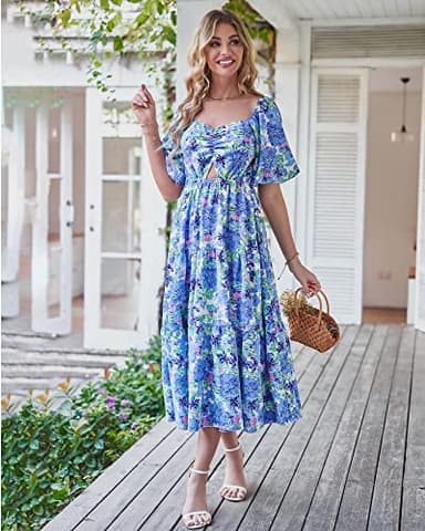 BTFBM Women Summer Dresses 2025 Casual Flowy Beach Square Neck Puff Short Sleeve Smocked Back Boho Floral Long Maxi Dress(Floral Blue, Medium) - Image 2