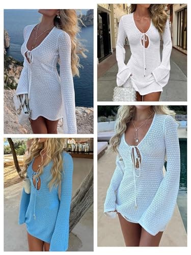 ANRABESS Beach Cover Ups for Women Crochet Swimsuit Bathing Suit Swimwear Bikini Mesh Knit Dress 2025 Summer Vacation Outfits White Small - Image 2