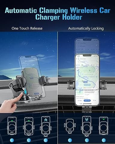 Wireless Car Charger, Fast Charging Phone Holder 3 in 1 Phone Mount Auto Clamping Car Accessories Compatible with iPhone 17 16 15 14 13 12 11 Xs XR, Samsung S23 Ultra S22 S21 S20/S10+ S9+ Note 9 - Image 4