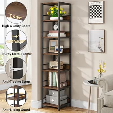 Tribesigns 6-Tier Corner Shelf, 75 Inch Tall Narrow Bookshelf Storage Rack, Etagere Shelves Display Stand for Small Spaces, Rustic Open Bookcase Square Shelf Tower for Living Room Bathroom - Image 7