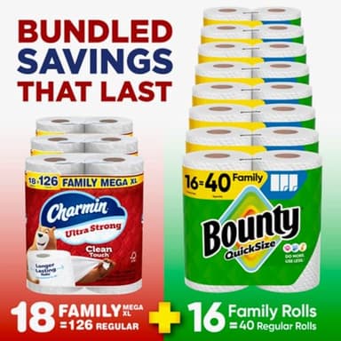 Bounty Quick-Size Paper Towels, White, 16 Family Rolls, Charmin Ultra Strong Clean Touch Toilet Paper, 18 Family Mega XL Rolls - Image 2