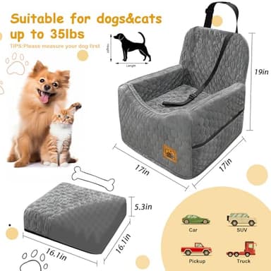 Dog Car Seat for Small/Medium Dogs, Memory Foam Dog Booster Seat, Travel Safety Per Car Seat with Washable Removable Cover, Storage Pockets for Dogs up to 35 lbs(Gray) - Image 2