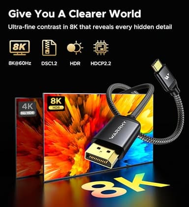 Warrky USB C to DisplayPort Cable 8K 60Hz [Gold-Plated Plug, Metal Case] 4K 240Hz, 2K 360Hz Type-C to Display Port 1.4 Cord, Thunderbolt 5/4/3 Compatible with MacBook Pro/Air, iPhone 17, iPad, Galaxy - Image 2