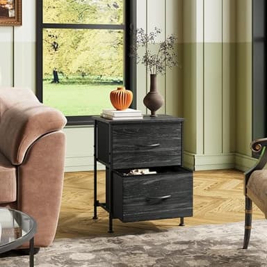 WLIVE Night Stand, Small Dresser with Drawers, Dresser for Bedroom with 2 Fabric Drawer, Black Bedside Table End Table, Dorm Nightstand, Closet Organizer, Charcoal Black Wood Grain Print - Image 7