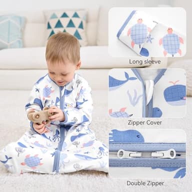 FIEMOL Baby Sleep Sack 6-12 Months, Long Sleeve Baby Wearable Blanket 0.5 Tog with Mittens, 2-Way Zipper Infant Cotton Sleeping Sack for Boy and Girl Blue Sea 2 Pack (Medium) - Image 3
