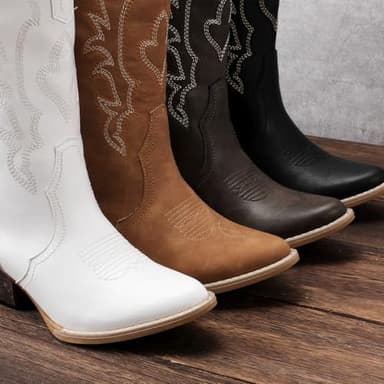 RLW Cowboy Boots for Women Cowgirl Boots Classic Knee-High Western Boots Pointy Toe with Comfortable Chunky Heel, White 9 - Image 5